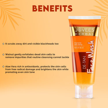 Jovees Herbal Detan Facewash For Glowing and Clear Skin With Liquorice & bearberry Ext. | Gentle Cleanser For Brighten, Even Tone and Hydrates Skin | Suitable for All Skin Types - 50ml